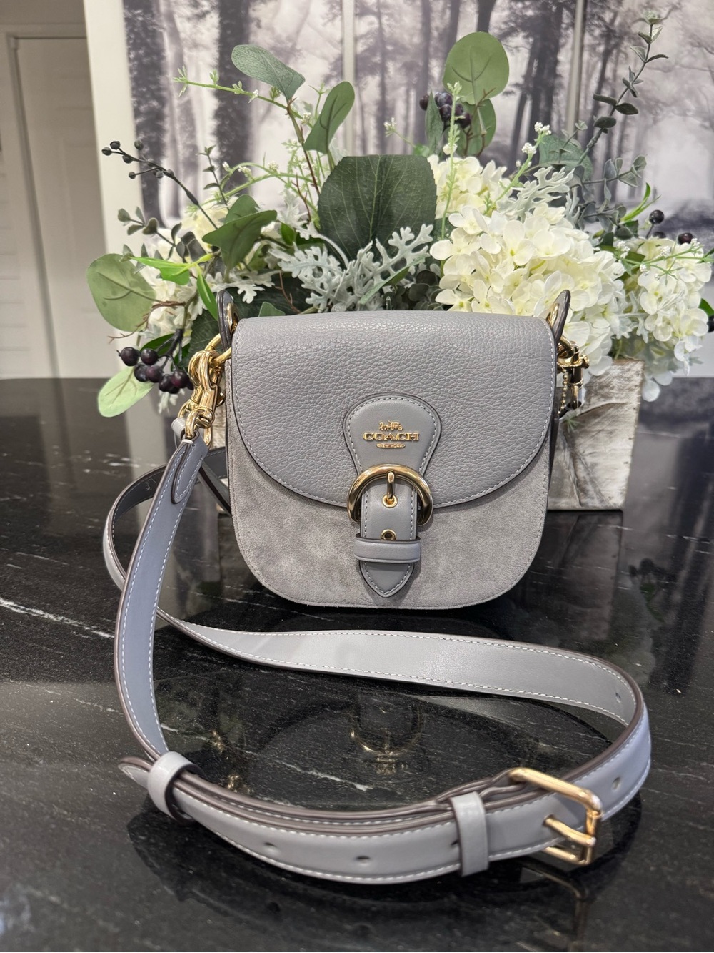🩶COACH Gray Mini Saddle Bag Pebbled Leather Suede Top Handle Crossbody - Picture 2 of 14
